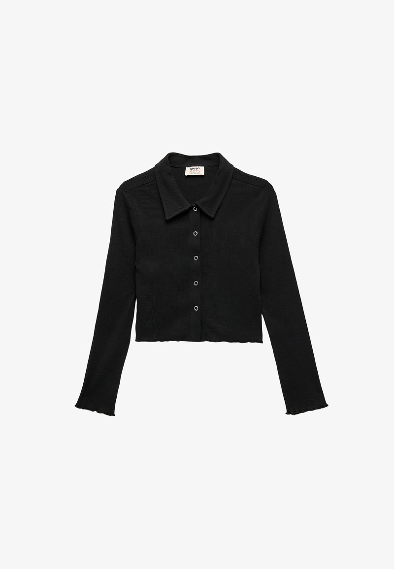 Black cropped long-sleeve shirt with a structured collar, button-down front, ribbed texture, and frayed hem details.