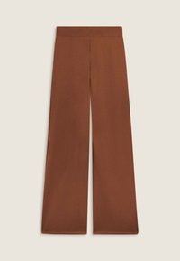 Pantalons larges marron en tissu doux et extensible. Dotés d'une taille haute élastique et d'une texture lisse et unie.