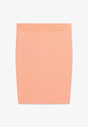 Falda lápiz de punto de color melocotón con cintura acanalada y un sutil patrón de lazo texturizado en toda la tela.