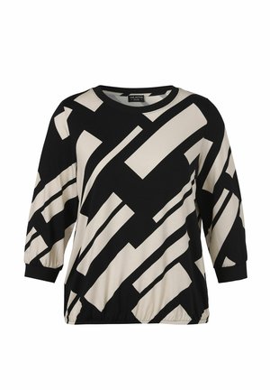 Schwarz-beige Langarmbluse mit markanten geometrischen rechteckigen Mustern und elastischen Bündchen.