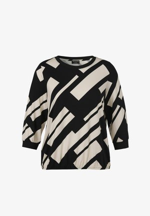 Black and beige long-sleeve blouse with bold geometric rectangular patterns and elastic cuffs.