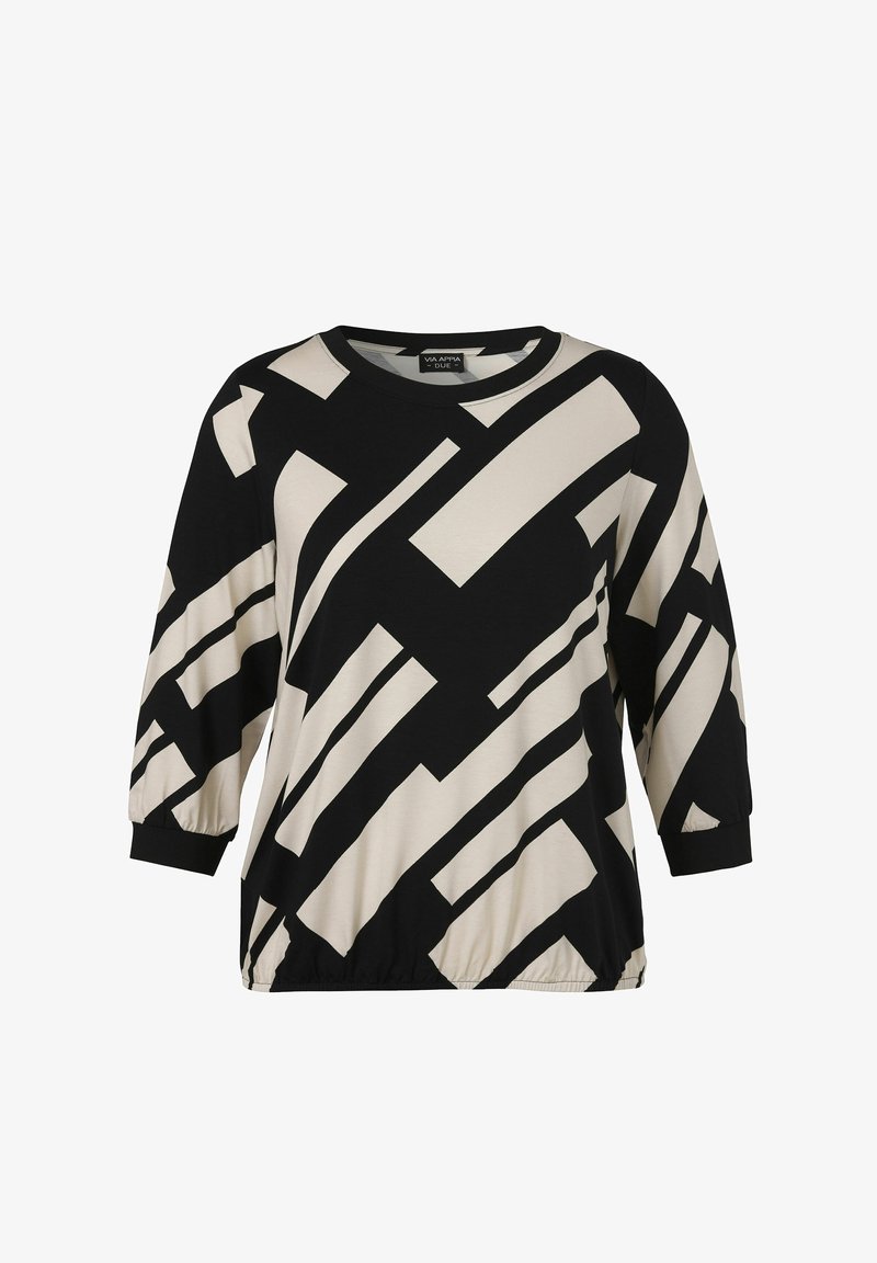 Black and beige long-sleeve blouse with bold geometric rectangular patterns and elastic cuffs.