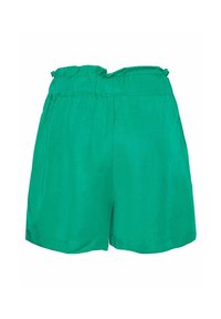 Zielone szorty wykonane z lekkiego materiału, z elastycznym pasem i gładką fakturą, w prostym, jednolitym kolorze.