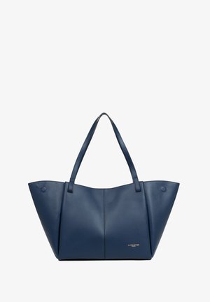 Sac fourre-tout en cuir bleu marine avec deux anses d'épaule, côtés structurés et petit logo doré "Lancaster Paris" en bas à droite sur le devant.