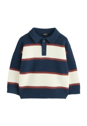 Gestreifter Pullover mit dunkelblauem Grund, cremefarbenen und roten Streifen. Verfügt über eine gestrickte Textur, lange Ärmel und einen Polokragen mit zwei Knöpfen.