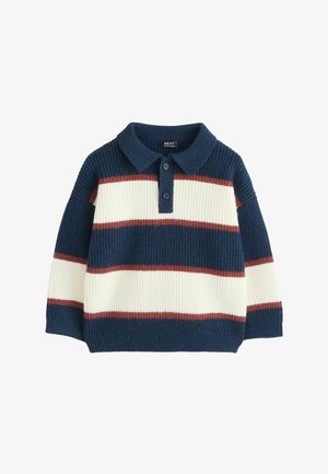 Pullover a righe con base blu navy, righe crema e rosse. Presenta una texture lavorata a maglia, maniche lunghe e un colletto polo con due bottoni.