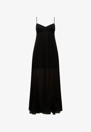 Vestido maxi preto com alças finas, decote em V e uma sobreposição fluida e transparente. Apresenta um corpete ajustado e uma silhueta descontraída.