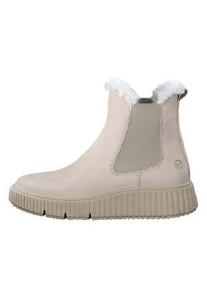 Beige ankle boots with fur trim, elastic side panels, and textured rubber sole. Smooth upper material and rounded toe design.