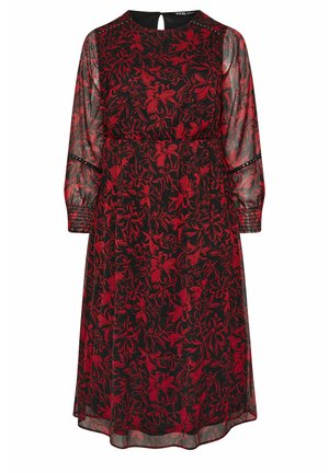 Zwarte jurk met een rood bloemenpatroon, semi-doorzichtige lange mouwen, ronde hals, tailleband en een sleutelgatdetail op de rug. Gestructureerde stof met bloemenaccenten.