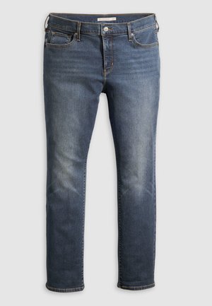 Blue denim jeans with a straight-leg cut, featuring light fading, five pockets, and a classic button and zipper fly closure.