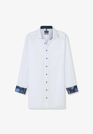 Weißes Hemd mit langen Ärmeln, das marineblau gemusterte Manschetten und Kragen sowie dunkle Knöpfe aufweist. Mit einer Brusttasche.