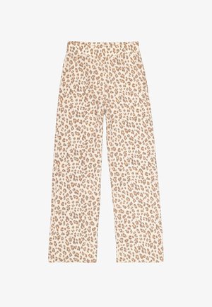 Leopardenmuster-Hose aus einem hellbeigen Stoff. Weit geschnittenes Design mit weicher Textur und elastischem Bund, versehen mit verstreuten braunen Flecken.