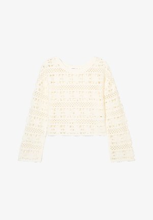 Crochet sweater in off-white, featuring long sleeves and a cropped design. Notable for its textured openwork pattern and scalloped edges.