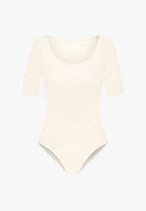 Kremowy, prążkowany bodysuit z dekoltem w serek i krótkimi rękawami, charakteryzujący się dopasowanym krojem i bezszwowym wykończeniem dołu.