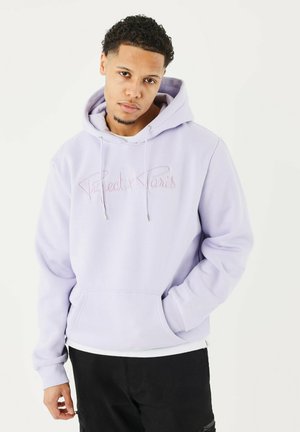 Sudadera lilac con bordado en rosa que dice "Project x Paris", con un amplio bolsillo tipo canguro y capucha ajustable con cordón.