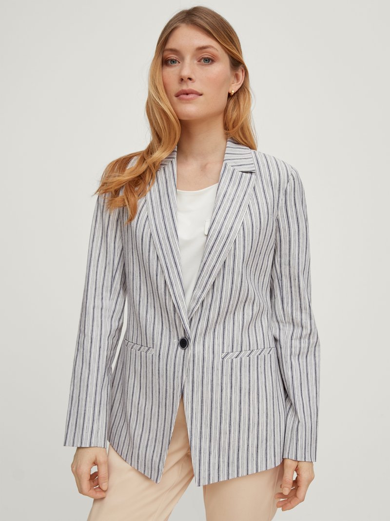 Striped blazer in blue and white fabric, with a tailored fit, single button closure, two front pockets, and notched lapels.