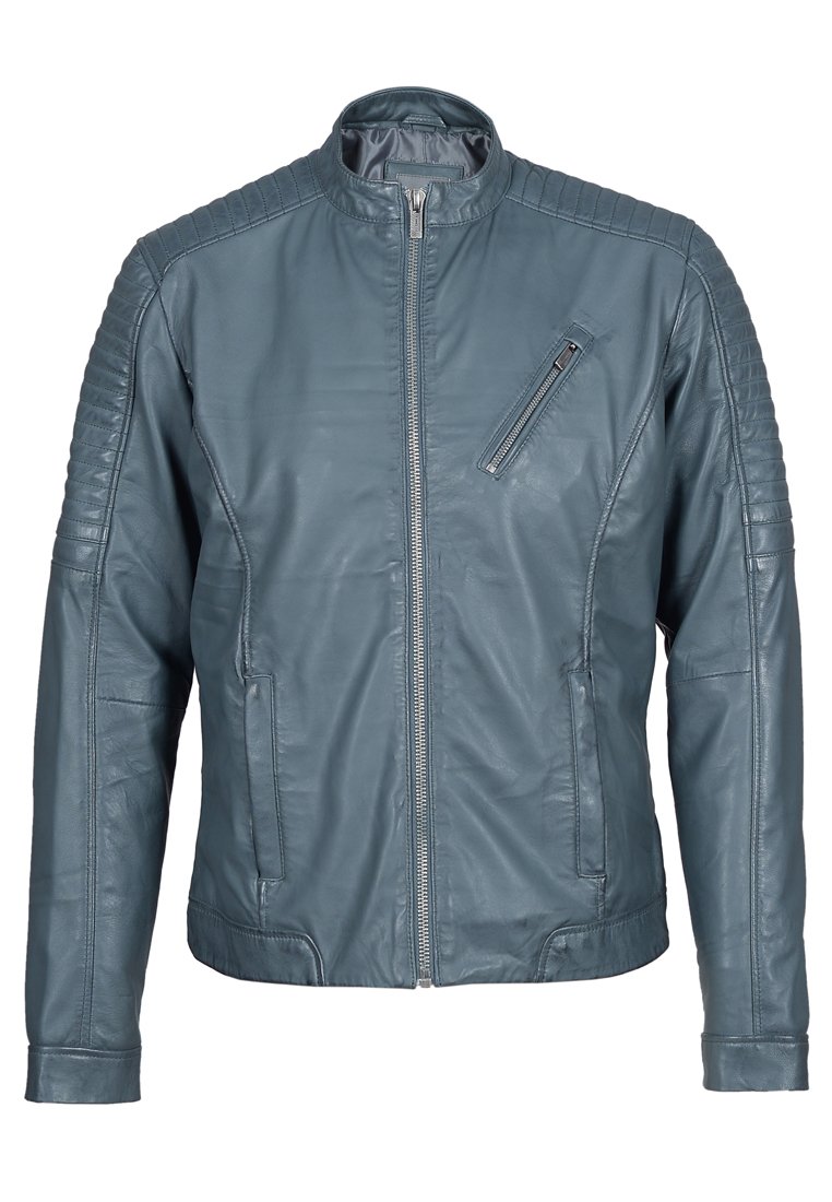 Hellblaue Lederjacke mit geradem Schnitt, gerippten Schulterakzenten, Reißverschlussbrusttasche und glatter Textur. Vollständiger Vorderreißverschluss.