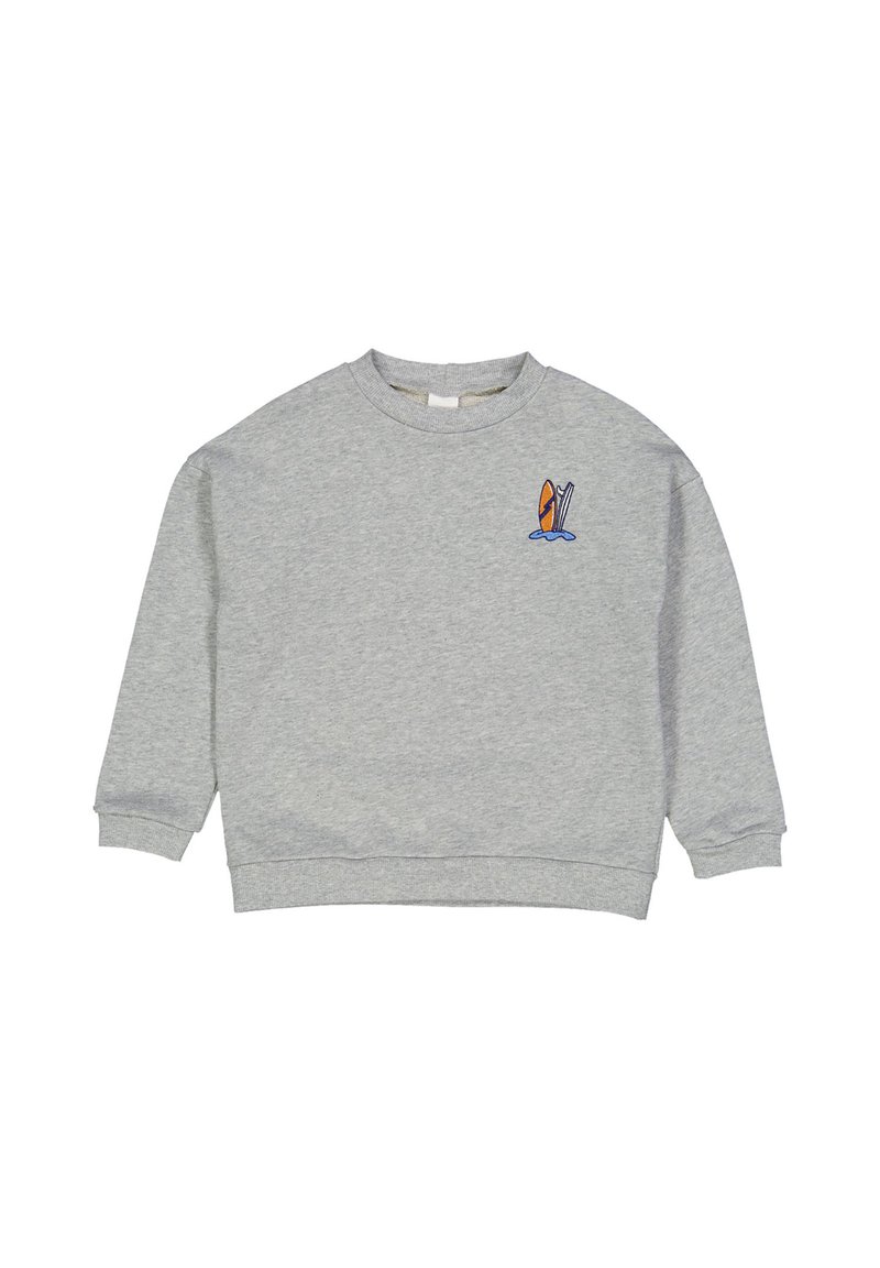 Felpa grigia in cotone, con scollatura rotonda e maniche lunghe. Include un piccolo design ricamato di una tavola da surf.