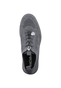 Gray knit sneaker with a textured upper, elastic laces, padded collar, and a black insole. Features a pull tab at the heel for easy wear.