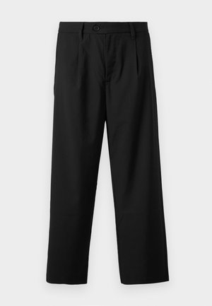 Schwarze Hose im geraden Schnitt mit einem Einzelknopfverschluss, zwei Vorderaschen und einer glatten, leichten Stofftextur.