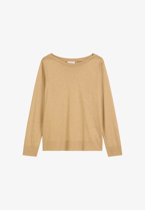 Beige langärmeliger Rundhals-Pullover aus weichem Material. Mit gerippten Bündchen und Saum, lockerer Passform und leichten Seitenschlitzen am Saum.