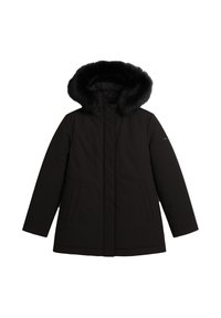 Cappotto invernale nero con maniche lunghe, due tasche frontali e cappuccio con bordo in pelliccia sintetica nera.