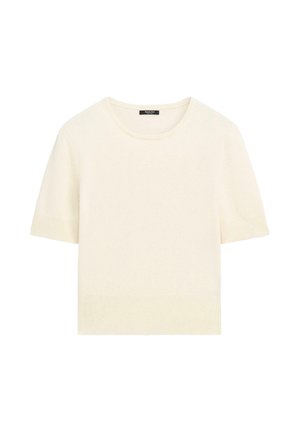 Haut en tricot beige clair à manches courtes. Encolure ronde, texture douce, poignets et ourlet côtelés, coupe droite. Convient pour un look décontracté.