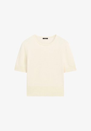 Cream-colored short-sleeve knit top. Round neckline, soft texture, ribbed cuffs and hem, straight cut. Suitable for casual wear.