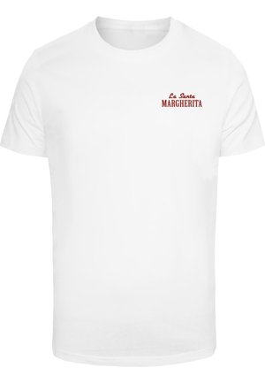 T-shirt en coton blanc à manches courtes ; présente un texte rouge "La Santa MARGHERITA" sur la partie gauche de la poitrine. Design simple et classique.