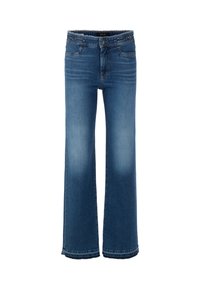 Wide-leg jeans made of blue denim, featuring a high waistband, a front button closure, and subtle fading on the front and back.