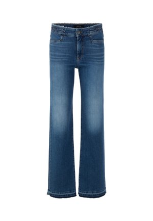 Wide-leg jeans made of blue denim, featuring a high waistband, a front button closure, and subtle fading on the front and back.