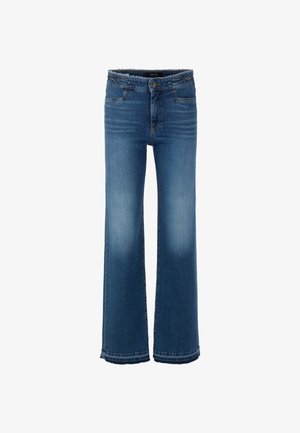 Wide-leg jeans made of blue denim, featuring a high waistband, a front button closure, and subtle fading on the front and back.