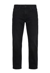 Jean noir à coupe droite avec fermeture à bouton et fermeture éclair à l'avant, poches avant et arrière, et passants de ceinture.