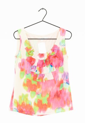 Top senza maniche con un motivo floreale astratto colorato in rosa, verde e giallo. Presenta un colletto volante e un tessuto leggero.