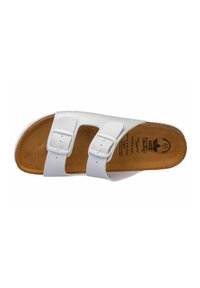 White sandal with two adjustable straps, cork footbed, and rubber sole. Features a smooth finish and minimalist design.