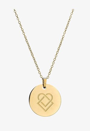 Chaîne en or avec un pendentif rond présentant un cœur abstrait gravé et un motif géométrique.