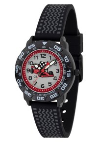 Schwarze Gummi-Sportuhr mit grauem strukturiertem Armband, runder Ziffernblatt, weißem Hintergrund, rotem Tachymeter und Schachbrettflaggen-Design in der Mitte.