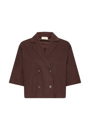 Brūns īss divrindu žakete ar īsām piedurknēm un četrām tumšām pogām uz balta fona.