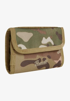 Kamerás pénztárca barna díszítéssel, tartós szövetből készült, hajtogatható kialakítással és hímzett logóval az elején.