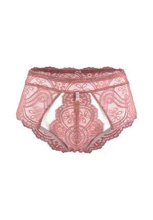 Koronkowe figi hipster w kolorze różowego różu, zdobione kwiatowymi wzorami, falbaną na brzegach i detalem z przodu. Miękka, przezroczysta tkanina.