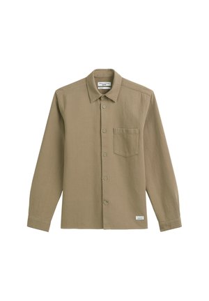 Long-sleeve, button-up shirt in olive green textured fabric, featuring a chest pocket and a classic collar. Small brand label at the hem.