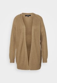 Brun stickad cardigan med öppen front, långa ärmar och ribbade muddarna och nederkant, visad mot en vit bakgrund.