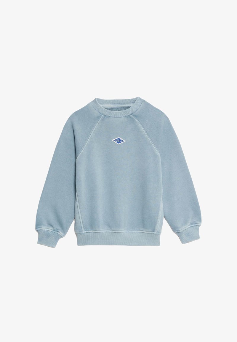 Světle modrá mikina s kulatým výstřihem, raglánovými rukávy, žebrovanými manžetami a lemem. Na hrudi se nachází malé modré diamantové logo.