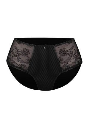 High-waisted black underwear with textured polka dot fabric, lace side panels, and a small decorative ring detail at the center front.