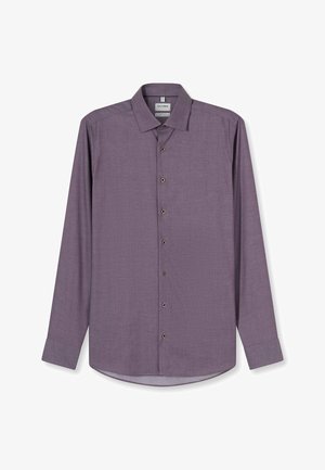 Langärmliges Hemd in gedämpftem Lila aus strukturiertem Stoff, mit klassischem Kragen, sechs vorderen Knöpfen und einem abgerundeten Saum.