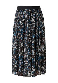 Jupe midi plissée noire avec un motif abstrait de éclaboussures bleu, blanc et rose, et une ceinture élastique noire unie.