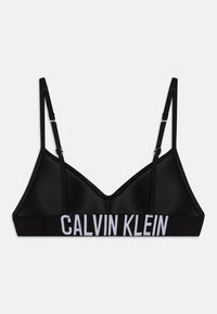 Čierny bralet s hladkým saténovým povrchom, s nastaviteľnými ramienkami a širokým elastickým pásom s bielym logom "CALVIN KLEIN".