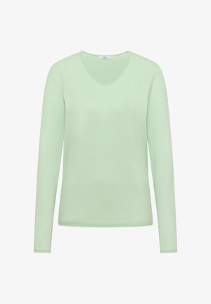 Vaaleanvihreä, pitkähihainen neuletakki pyöreällä pääntiellä, hienorakenteisella neuleella ja kauluksen sisäpuolella "CECIL"-niminen merkintä.