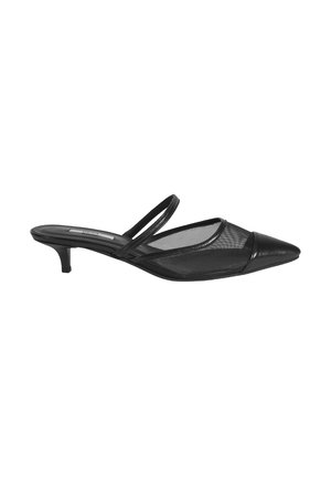 Chaussures à talons ouvertes noires avec une tige en maille, bout pointu et deux fines sangles. Dotées d'un petit talon block.