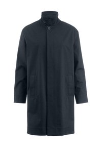 Schwarzer, mittel-langer Mantel mit hohem Kragen, zwei Fronttaschen und Knopfverschluss. Hergestellt aus glattem Stoff mit strukturierter Optik.